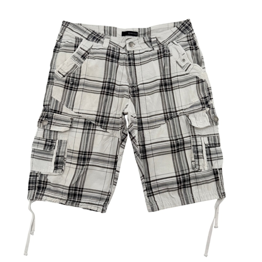 Fried Denim Men Plaid Cargo Shorts White Black Cotton Size 36 Streetwear Relaxed
